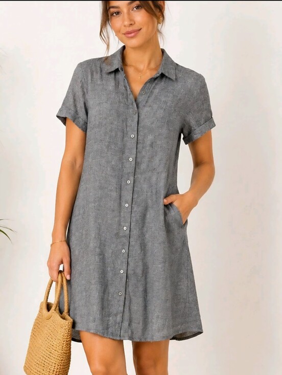 Tahari Dresses & Skirts - Tahari Size Large 100% Linen Short Sleeve Button Down Shirt Dress Pockets Casual